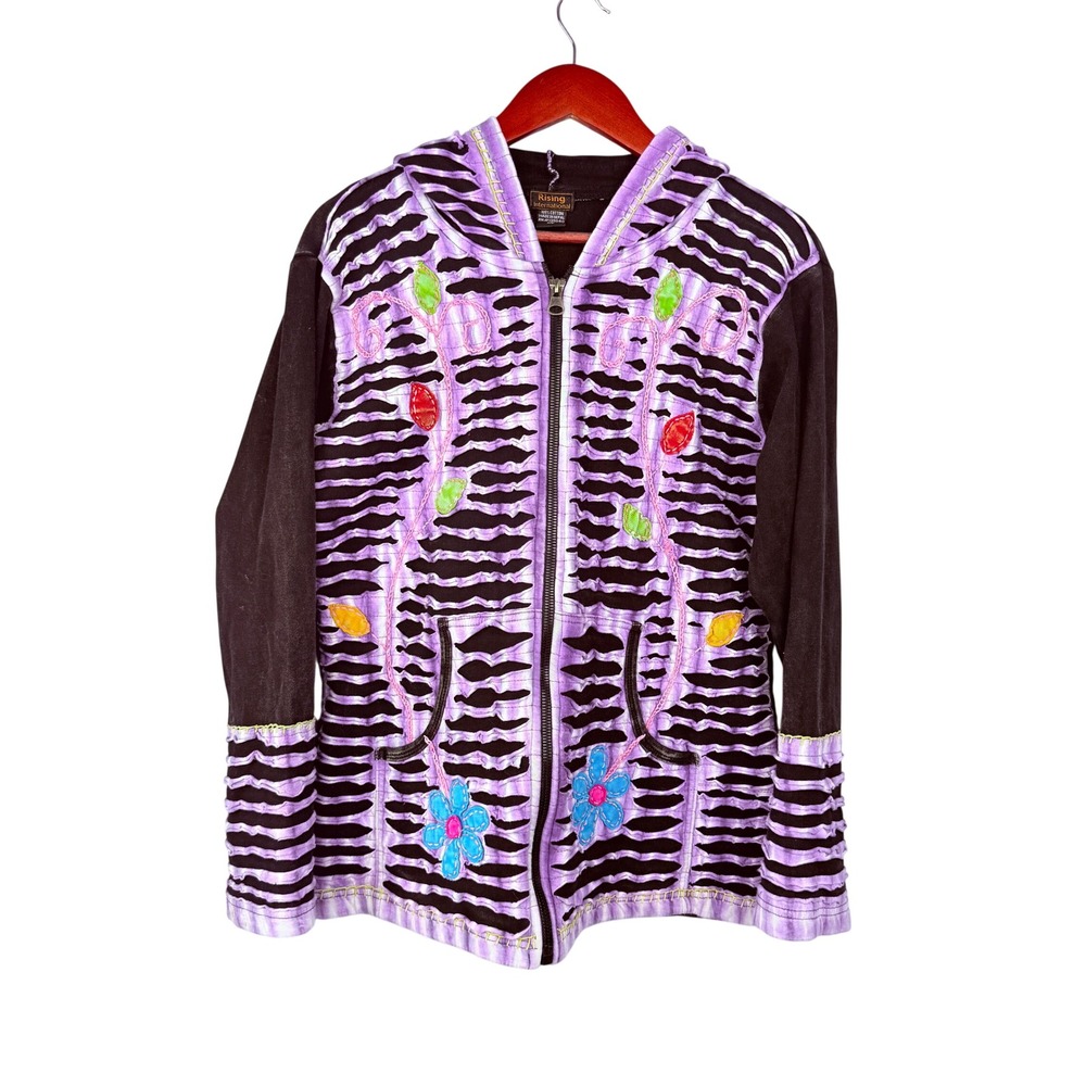 RISING INTERNATIONAL Nepal Hoodie Jacket XL Purple Black Slashed Floral Zip Up